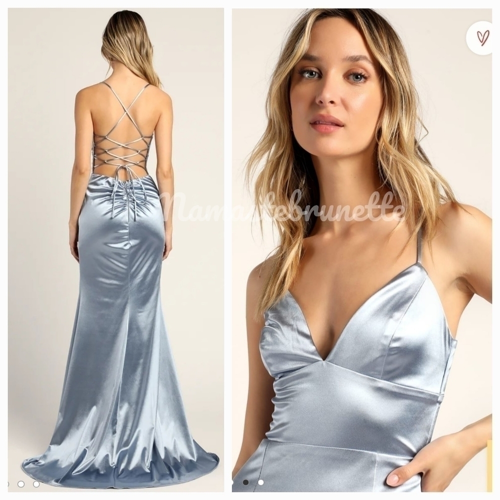 NWT Lulu's Medium Dusty Blue Satin Lace-Up Mermaid Formal Maxi Dress